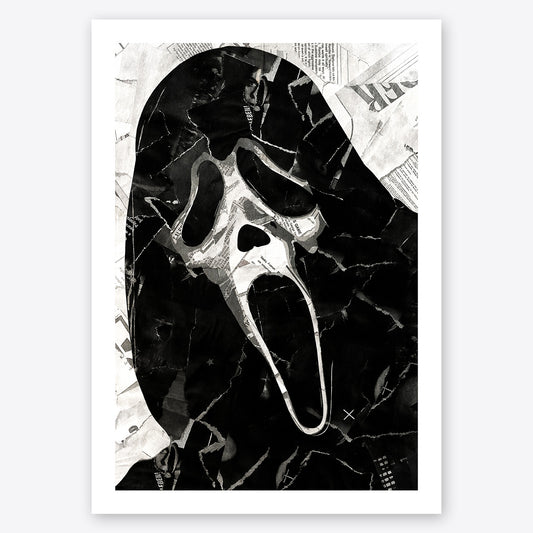 A digital collage portrait of Ghostface from the Scream movies created using ripped up magazines and newspaper. An archival standard quality print from The Building House.