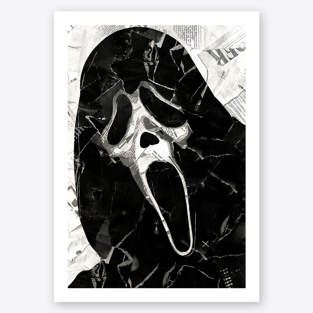 A Ghostface poster design - a portrait of Ghostface made using a collage of torn pieces of magazine pages in black and white.
