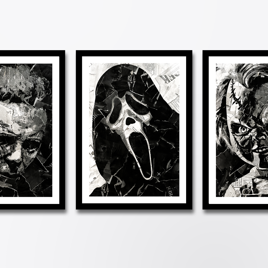 A Ghostface poster design - a portrait of Ghostface made using a collage of torn pieces of magazine pages in black and white.