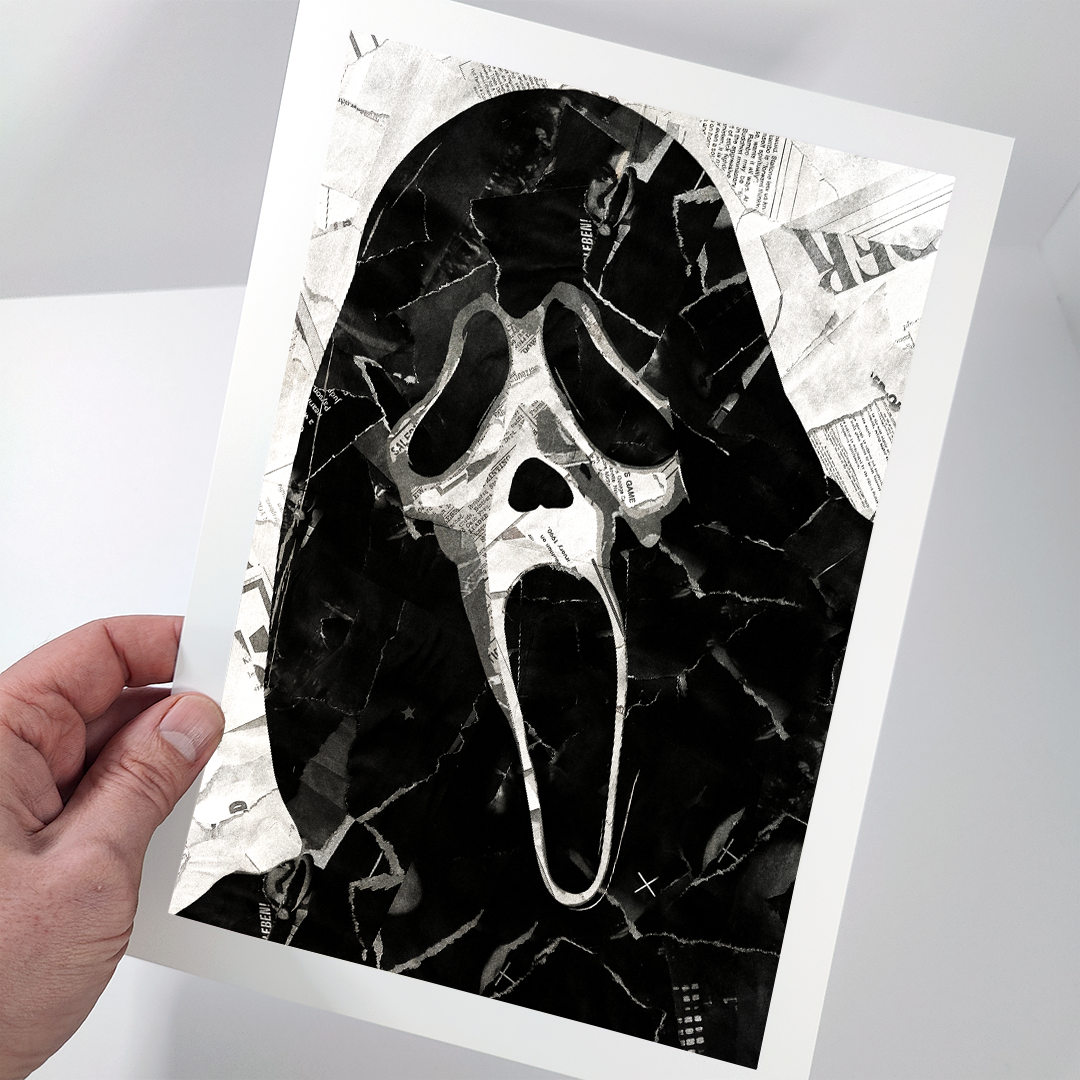 A Ghostface poster design - a portrait of Ghostface made using a collage of torn pieces of magazine pages in black and white.