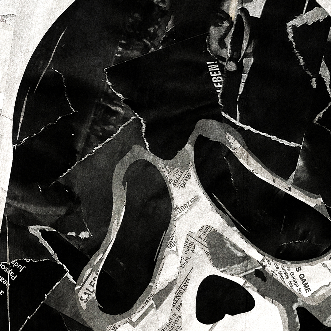 A Ghostface poster design - a portrait of Ghostface made using a collage of torn pieces of magazine pages in black and white.