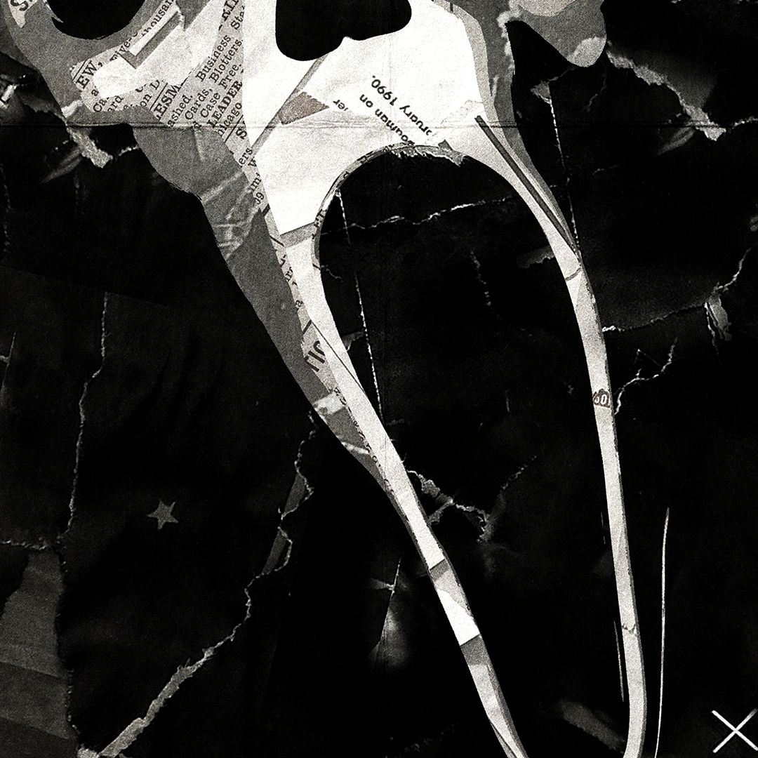 A Ghostface poster design - a portrait of Ghostface made using a collage of torn pieces of magazine pages in black and white.