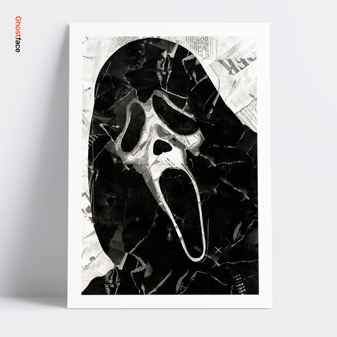 A Ghostface poster design - a portrait of Ghostface made using a collage of torn pieces of magazine pages in black and white.