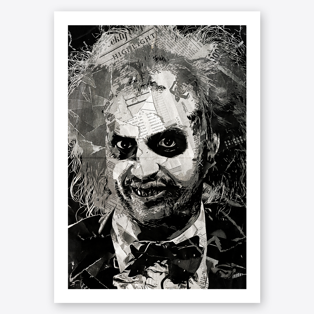 A Beetlejuice / Michael Keaton poster design - a portrait of Beetlejuice made using a collage of torn pieces of magazine pages in black and white.