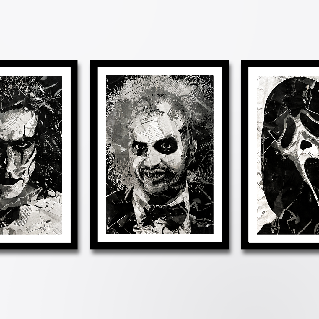 A Beetlejuice / Michael Keaton poster design - a portrait of Beetlejuice made using a collage of torn pieces of magazine pages in black and white.