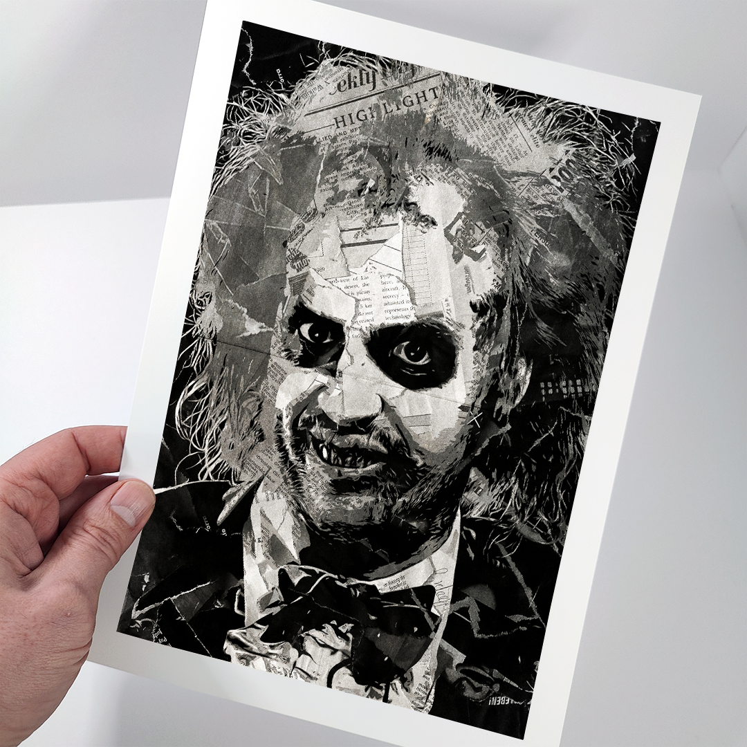 A Beetlejuice / Michael Keaton poster design - a portrait of Beetlejuice made using a collage of torn pieces of magazine pages in black and white.