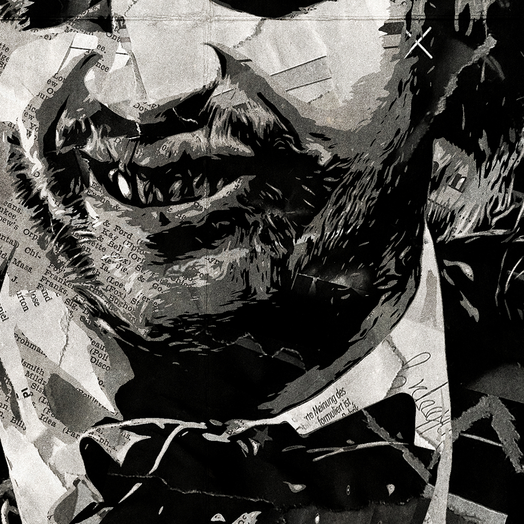 A Beetlejuice / Michael Keaton poster design - a portrait of Beetlejuice made using a collage of torn pieces of magazine pages in black and white.