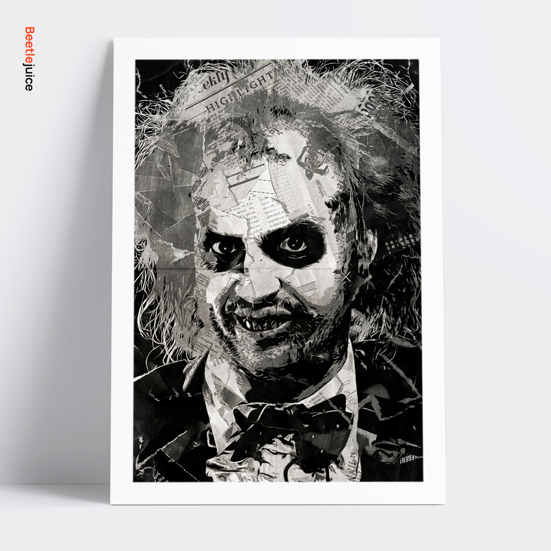 A Beetlejuice / Michael Keaton poster design - a portrait of Beetlejuice made using a collage of torn pieces of magazine pages in black and white.