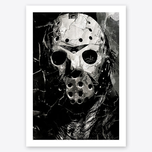 A digital collage portrait of Jason Voorhees from the Friday the 13th movies created using ripped up magazines and newspaper. An archival standard quality print from The Building House.