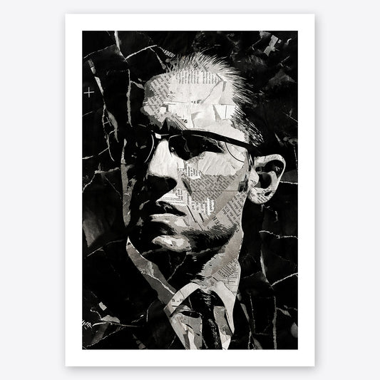 A digital collage portrait of Tom Hardy as Ronnie Kray created using ripped up magazines and newspaper. An archival standard quality print from The Building House.