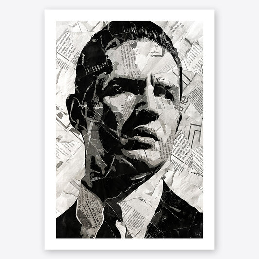 A digital collage portrait of Tom Hardy as Reggie Kray created using ripped up magazines and newspaper. An archival standard quality print from The Building House.