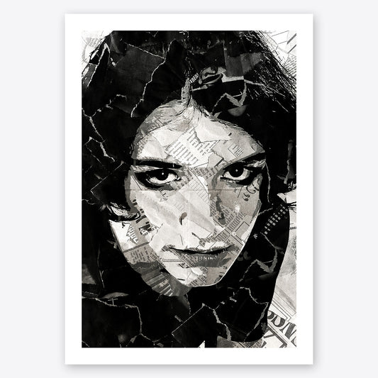 A digital collage portrait of Brian Molko of Placebo created using ripped up magazines and newspaper. An archival standard quality print from The Building House.