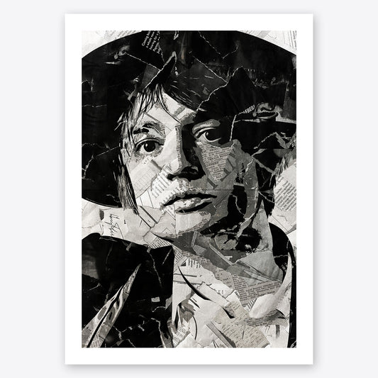 A digital collage portrait of Pete Doherty of the Libertines created using ripped up magazines and newspaper. An archival standard quality print from The Building House.