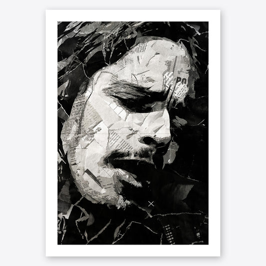 A digital collage portrait of Chris Cornell of Soundgarden created using ripped up magazines and newspaper. An archival standard quality print from The Building House.