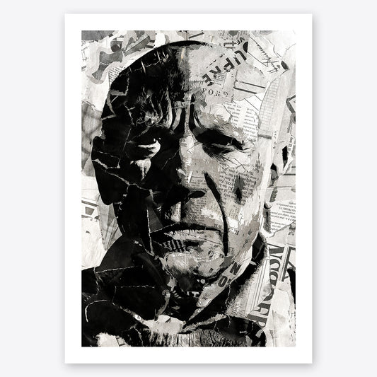 A digital collage portrait of Pablo Picasso created using ripped up magazines and newspaper. An archival standard quality print from The Building House.