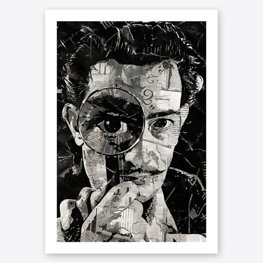 A digital collage portrait of Salvador Dali created using ripped up magazines and newspaper. An archival standard quality print from The Building House.