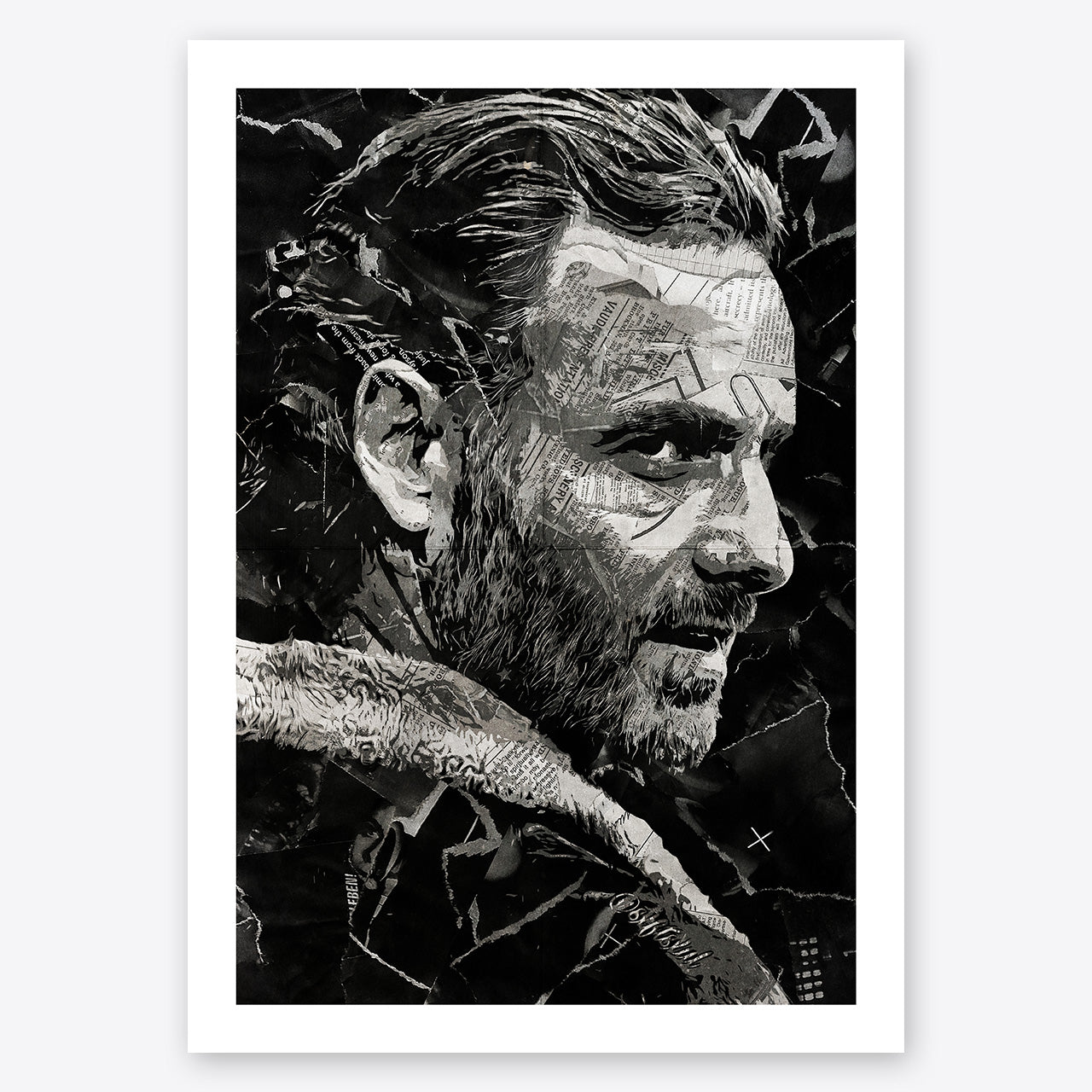 A digital collage portrait of Rick Grimes played by Andrew Lincoln in The Walking Dead created using ripped up magazines and newspaper. An archival standard quality print from The Building House.