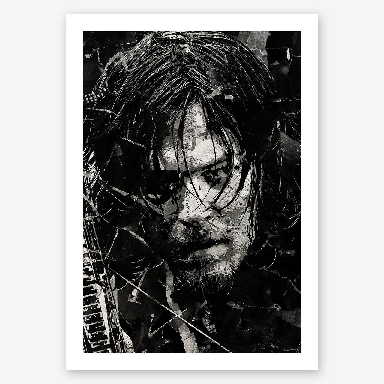 A digital collage portrait of Daryl Dixon played by Norman Reedus in The Walking Dead created using ripped up magazines and newspaper. An archival standard quality print from The Building House.