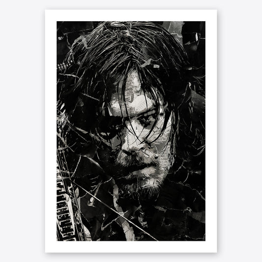 A digital collage portrait of Daryl Dixon played by Norman Reedus in The Walking Dead created using ripped up magazines and newspaper. An archival standard quality print from The Building House.