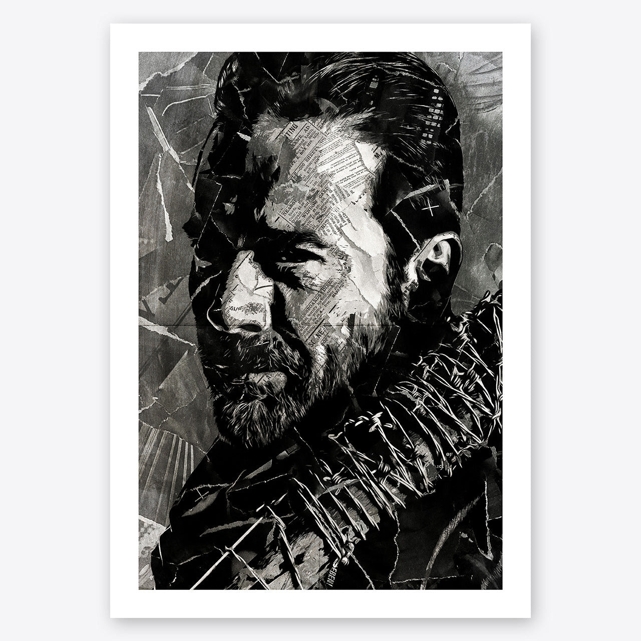 A digital collage portrait of Negan played by Jeffrey Dean Morgan in The Walking Dead created using ripped up magazines and newspaper. An archival standard quality print from The Building House.