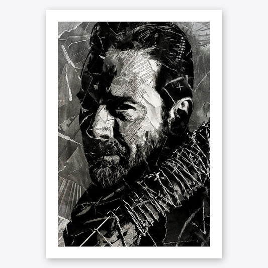 A digital collage portrait of Negan played by Jeffrey Dean Morgan in The Walking Dead created using ripped up magazines and newspaper. An archival standard quality print from The Building House.