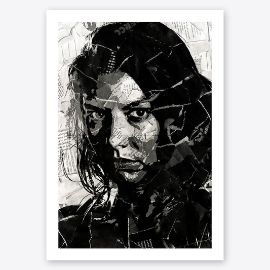 A digital collage portrait of Maggie Greene played by Lauren Cohan in The Walking Dead created using ripped up magazines and newspaper. An archival standard quality print from The Building House.