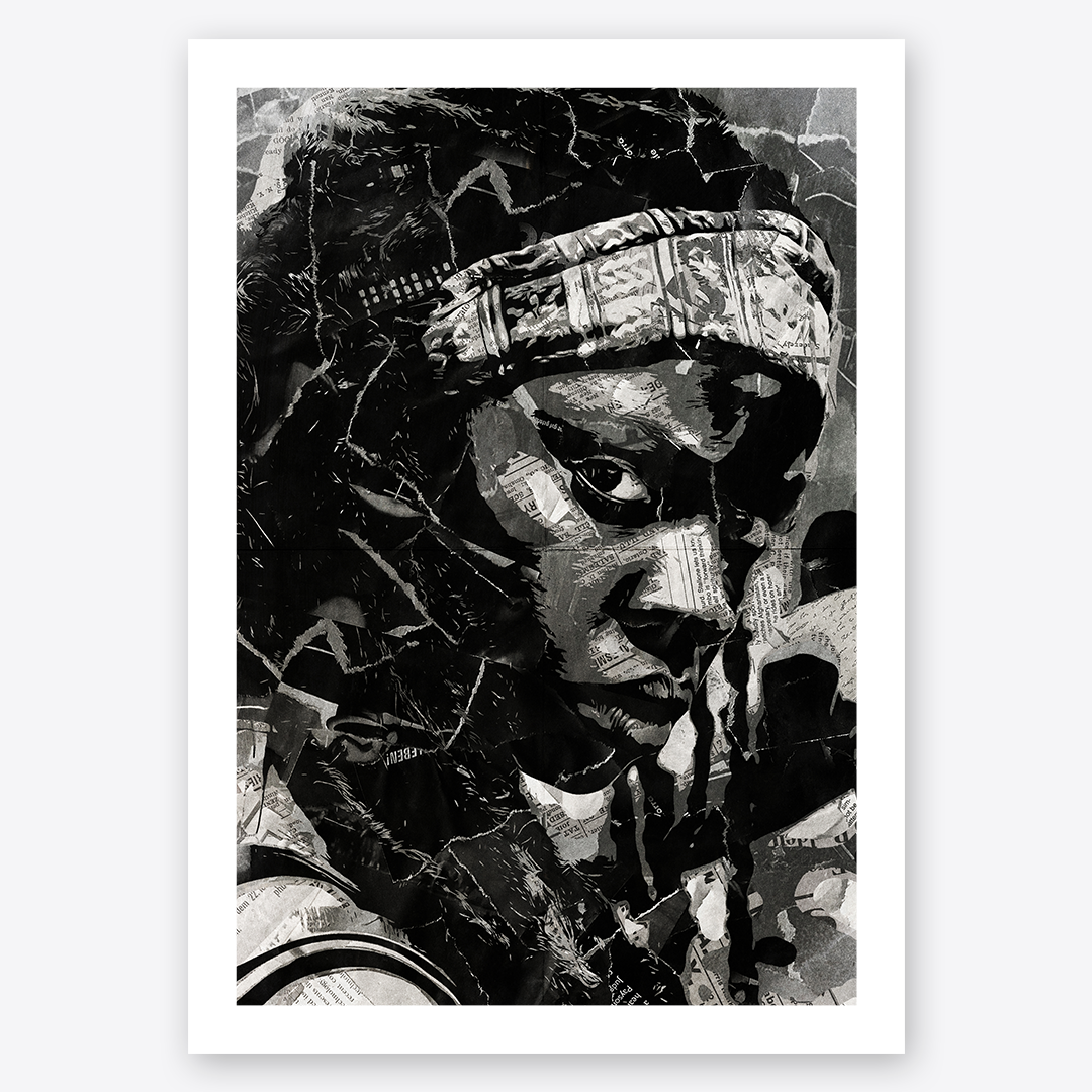 A Michonne Hawthorne poster design - a portrait of Michonne made using a collage of torn pieces of magazine pages in black and white.