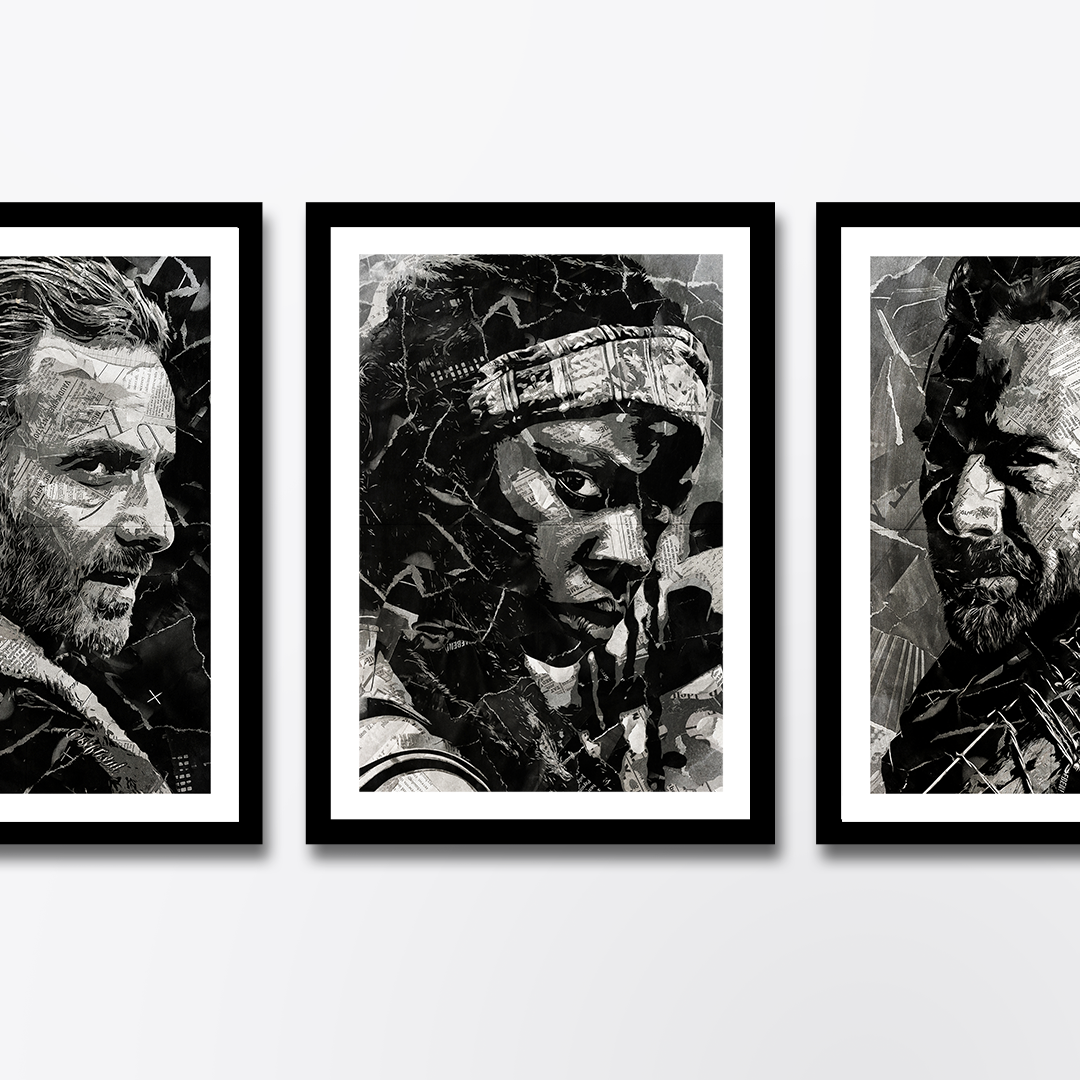 A Michonne Hawthorne poster design - a portrait of Michonne made using a collage of torn pieces of magazine pages in black and white.