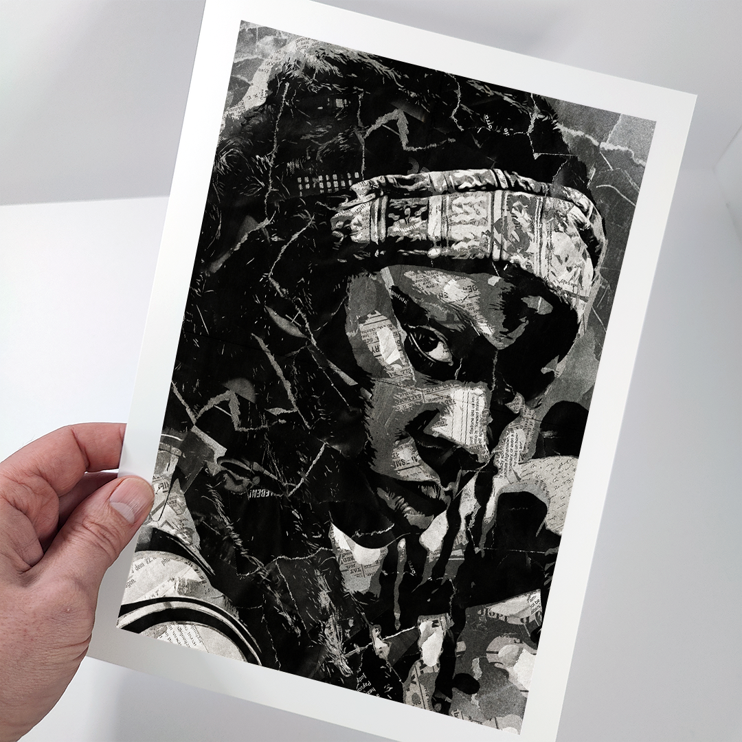 A Michonne Hawthorne poster design - a portrait of Michonne made using a collage of torn pieces of magazine pages in black and white.