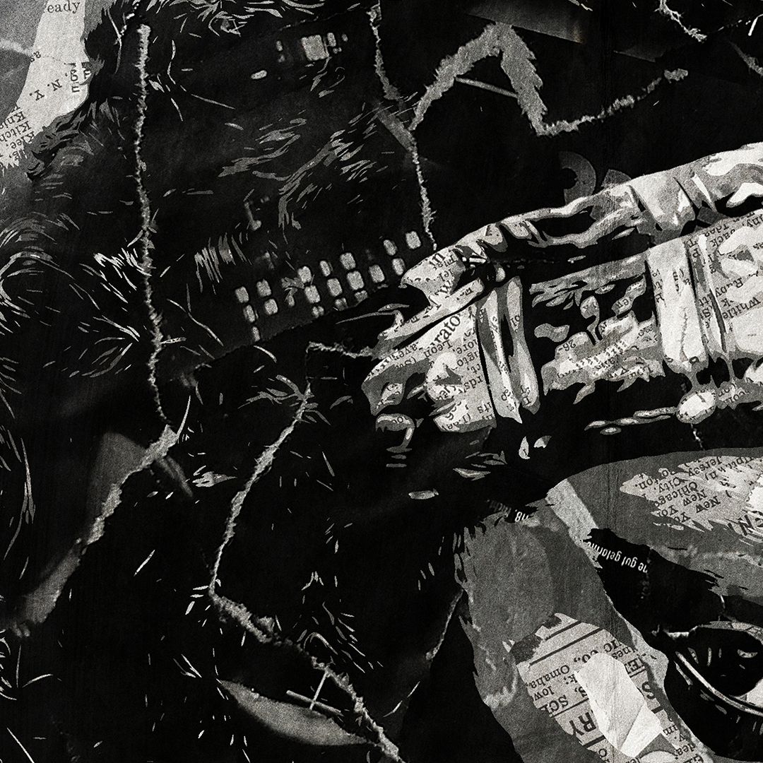 A Michonne Hawthorne poster design - a portrait of Michonne made using a collage of torn pieces of magazine pages in black and white.