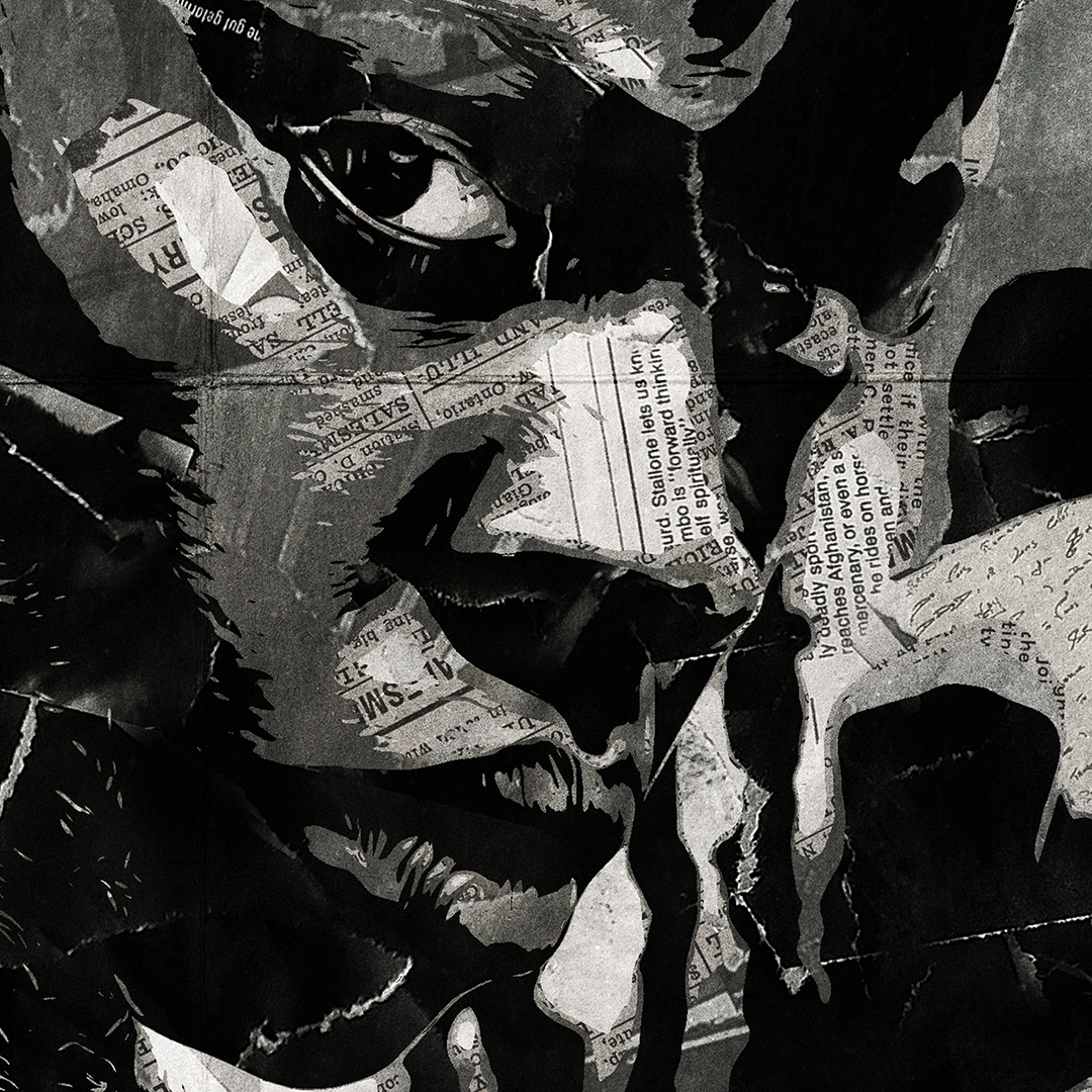 A Michonne Hawthorne poster design - a portrait of Michonne made using a collage of torn pieces of magazine pages in black and white.