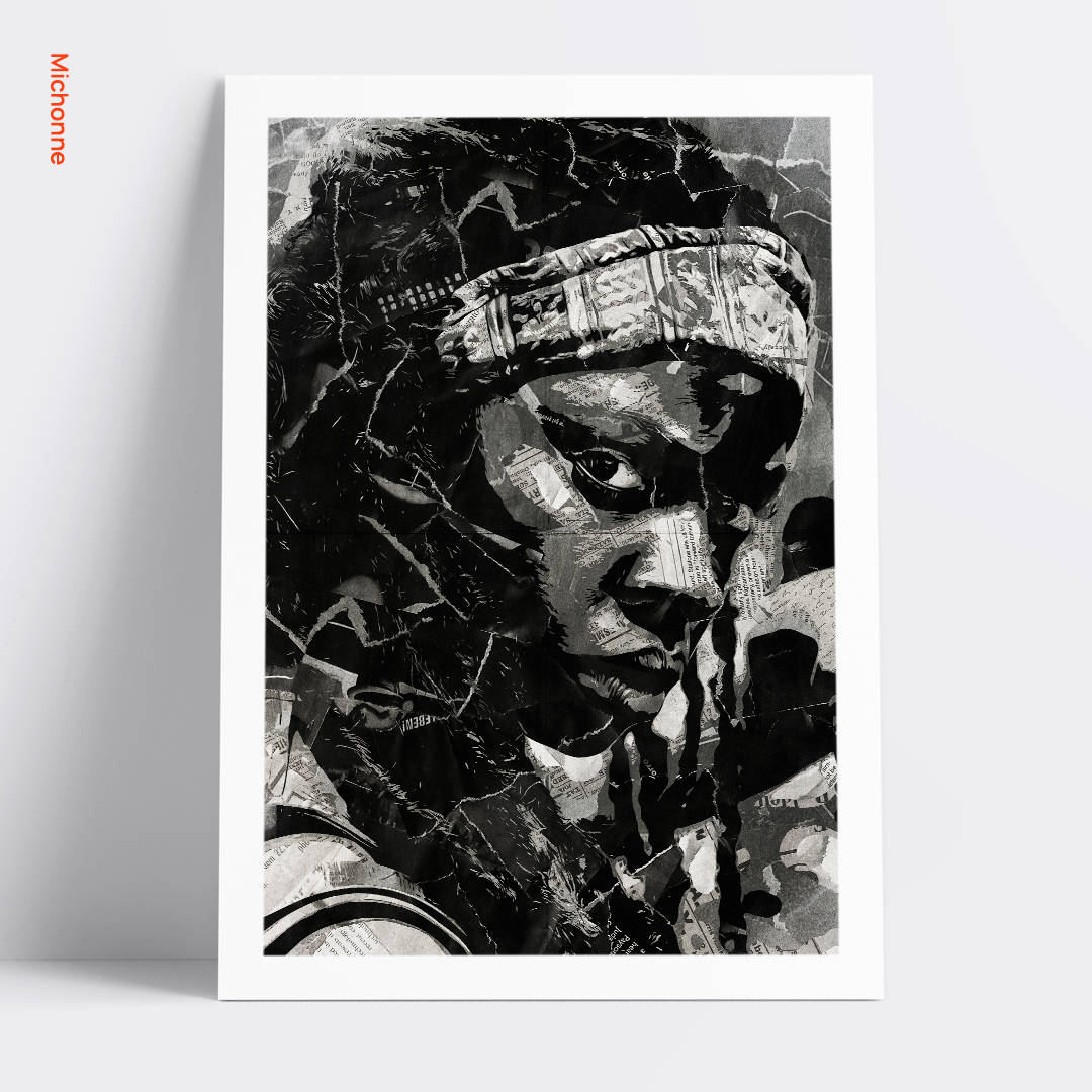 A Michonne Hawthorne poster design - a portrait of Michonne made using a collage of torn pieces of magazine pages in black and white.