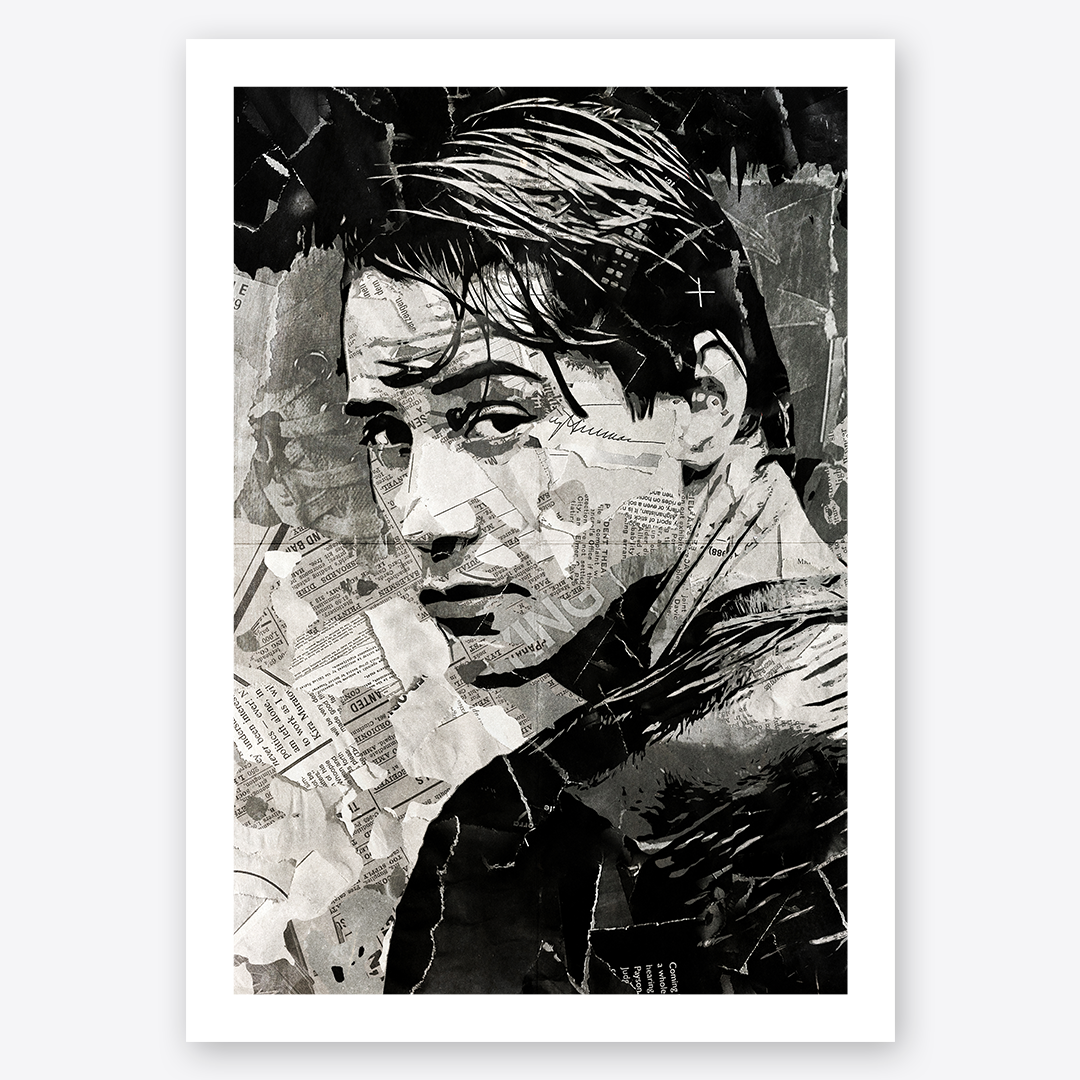 A Johnny Utah / Keanu Reeves poster design - a portrait of Keanu made using a collage of torn pieces of magazine pages in black and white.