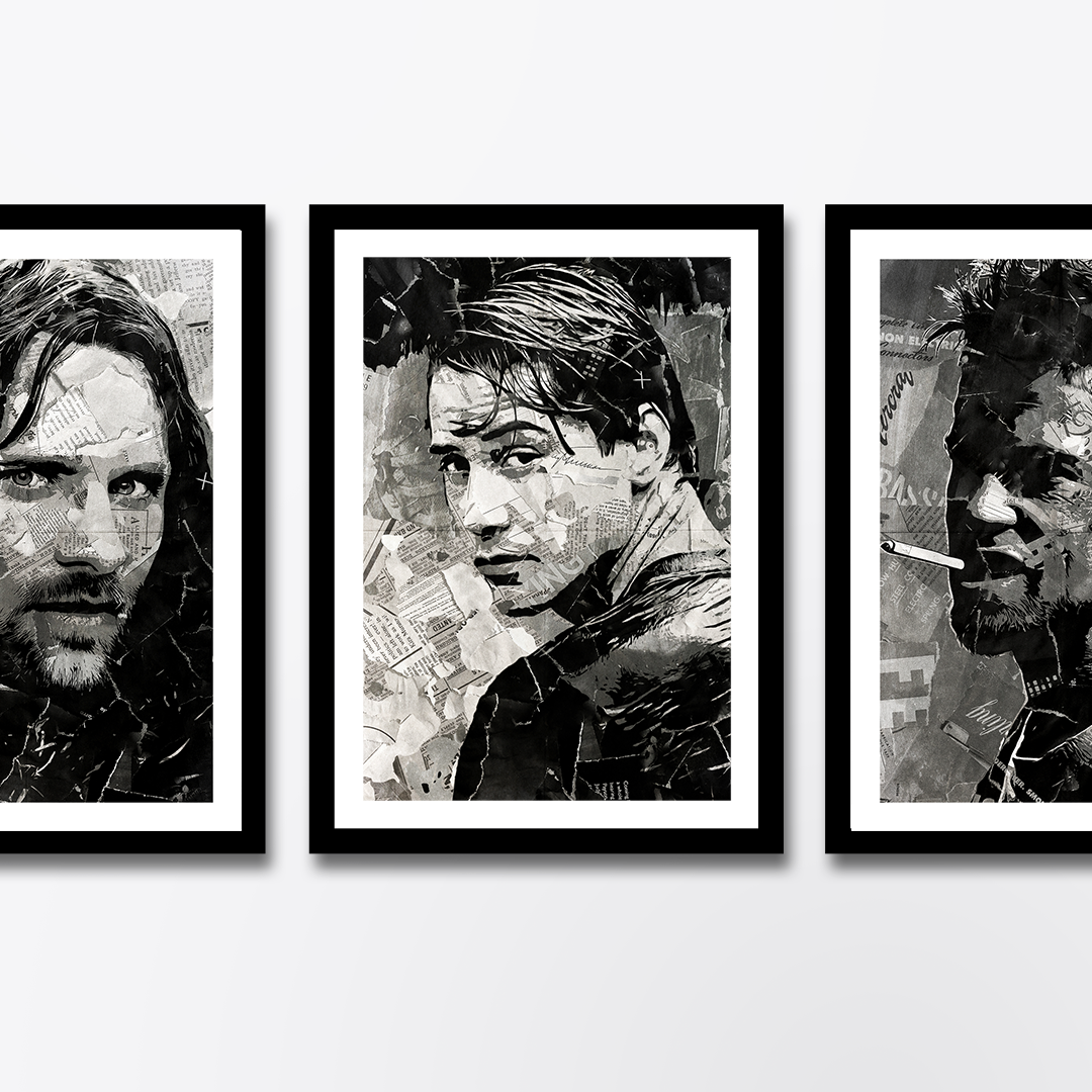 A Johnny Utah / Keanu Reeves poster design - a portrait of Keanu made using a collage of torn pieces of magazine pages in black and white.