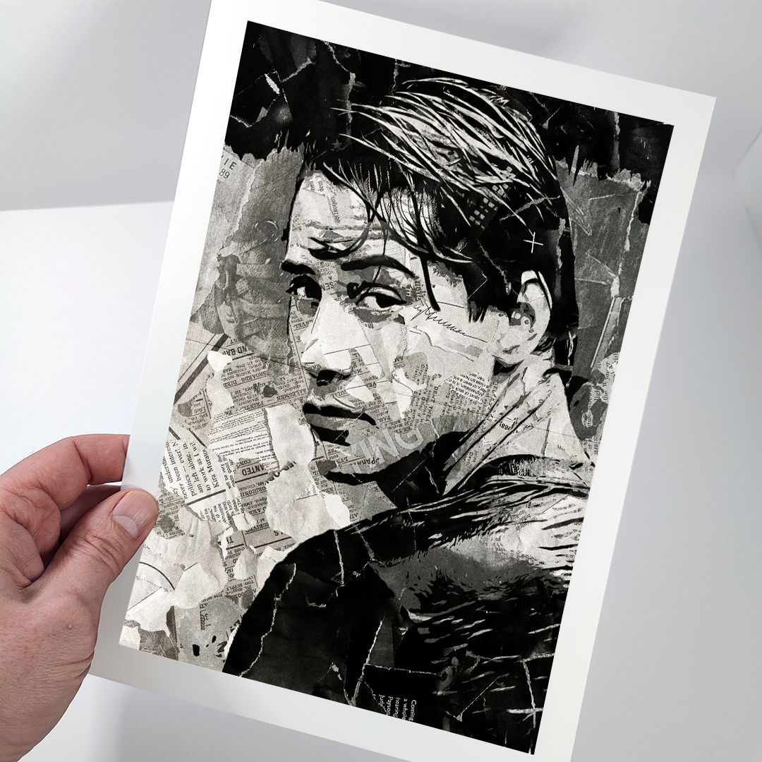 A Johnny Utah / Keanu Reeves poster design - a portrait of Keanu made using a collage of torn pieces of magazine pages in black and white.