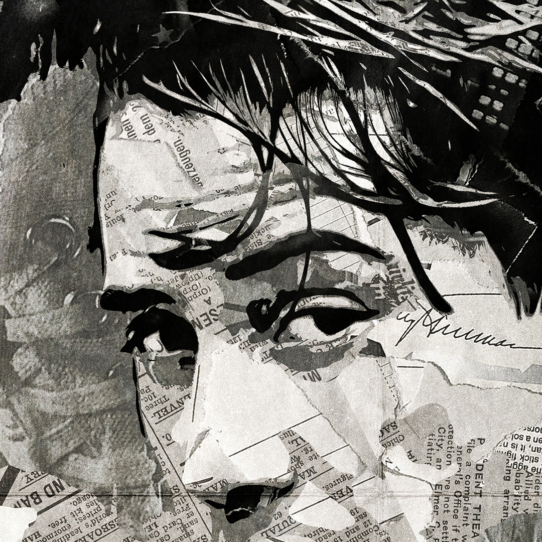 A Johnny Utah / Keanu Reeves poster design - a portrait of Keanu made using a collage of torn pieces of magazine pages in black and white.