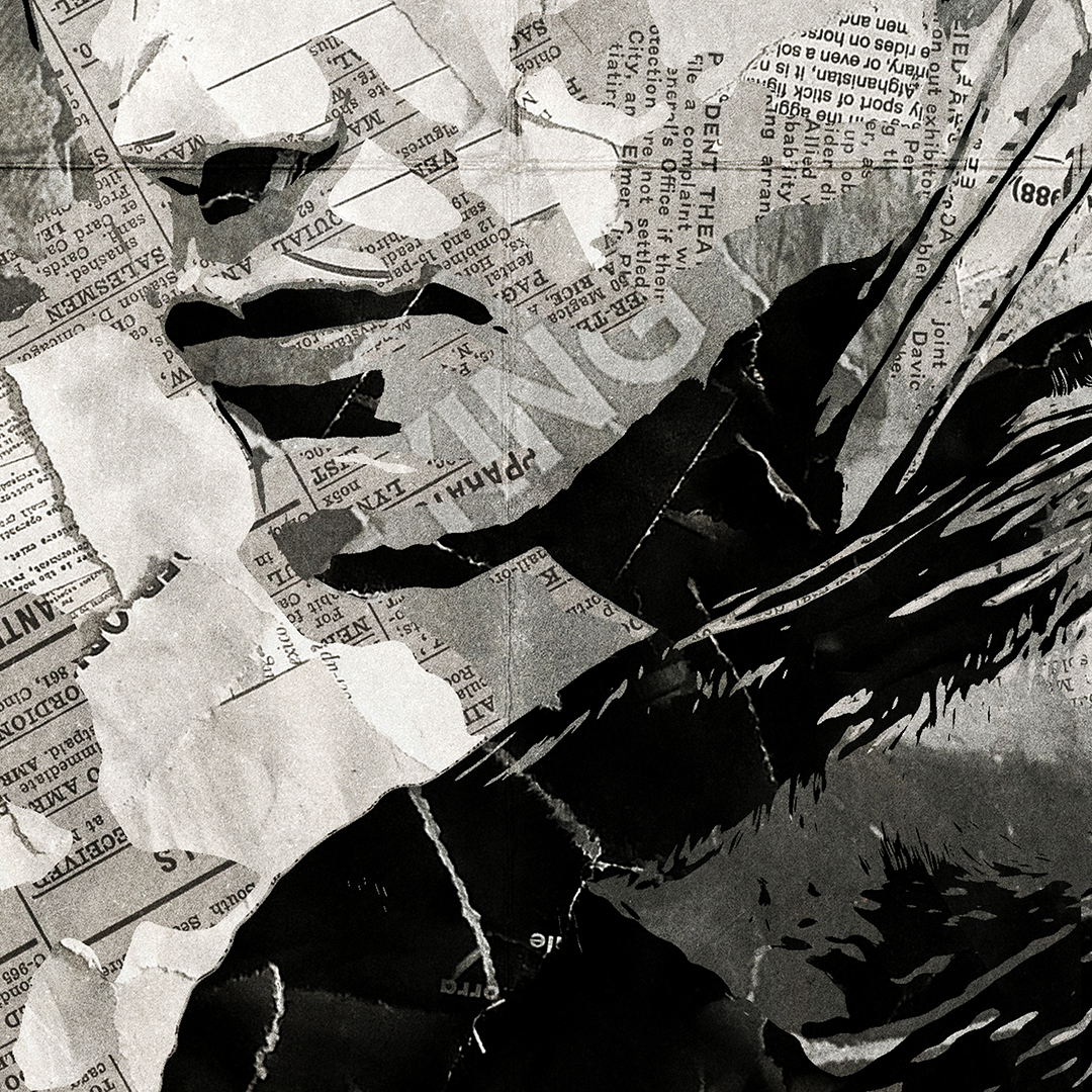 A Johnny Utah / Keanu Reeves poster design - a portrait of Keanu made using a collage of torn pieces of magazine pages in black and white.