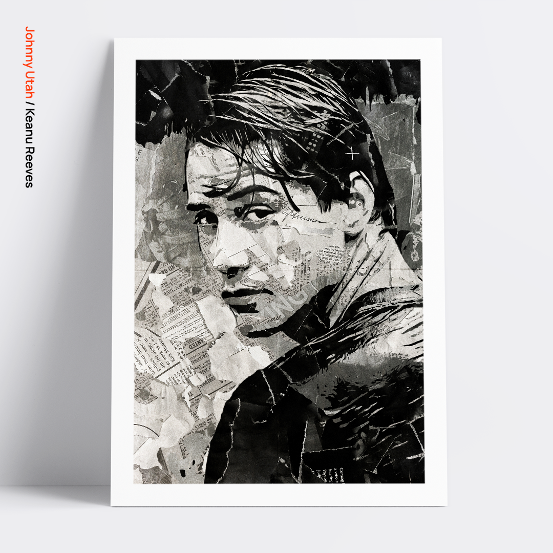 A Johnny Utah / Keanu Reeves poster design - a portrait of Keanu made using a collage of torn pieces of magazine pages in black and white.