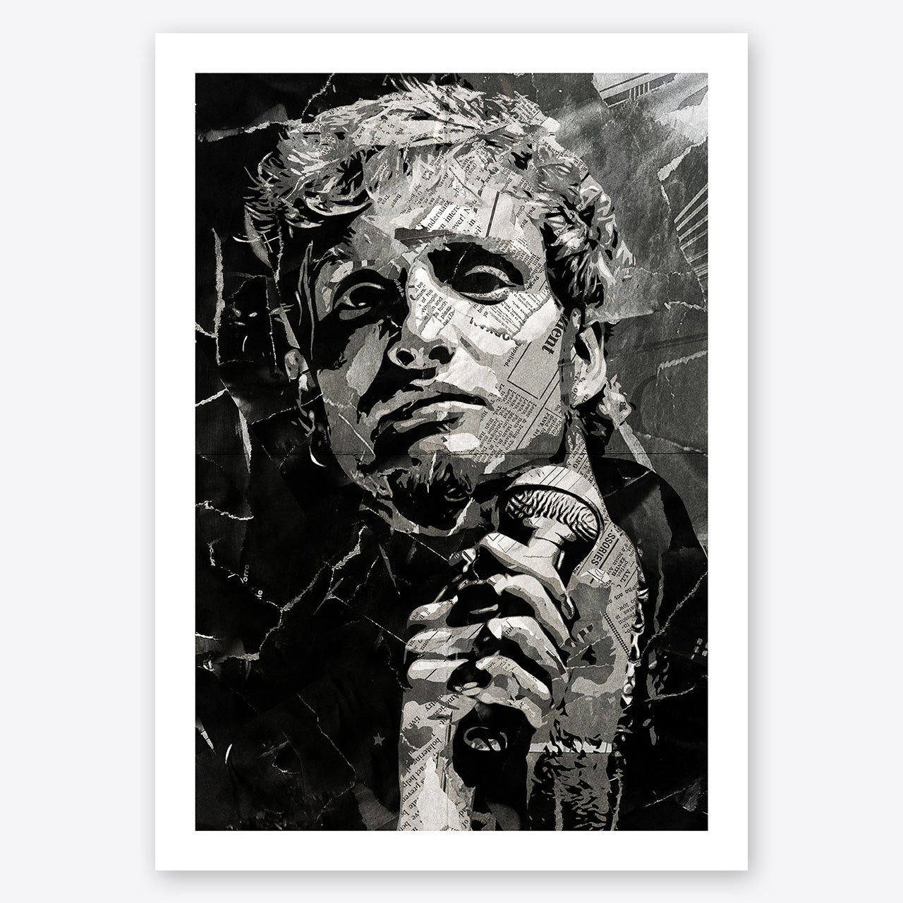 A digital collage portrait of Layne Staley of Alice in Chains created using ripped up magazines and newspaper. An archival standard quality print from The Building House.