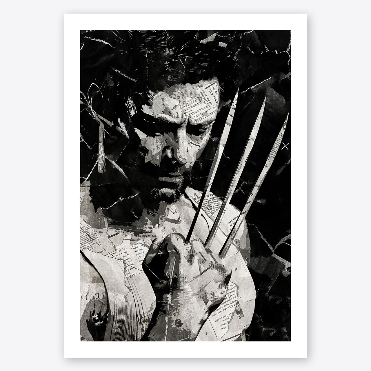 A digital collage portrait of Wolverine played by Hugh Jackman in the Marvel Cinematic Universe created using ripped up magazines and newspaper. An archival standard quality print from The Building House.