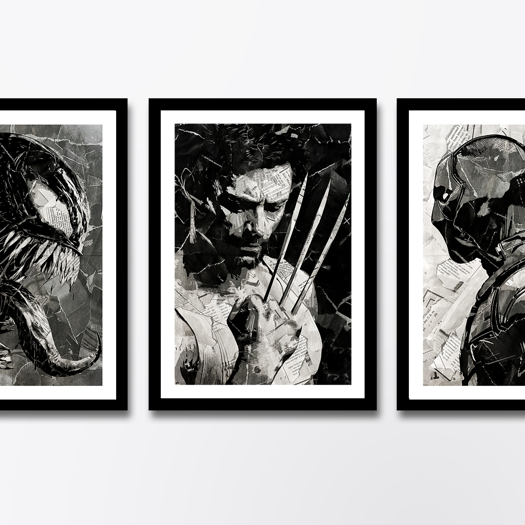 A Wolverine / Logan / Hugh Jackman poster design - a portrait of Wolverine made using a collage of torn pieces of magazine pages in black and white.
