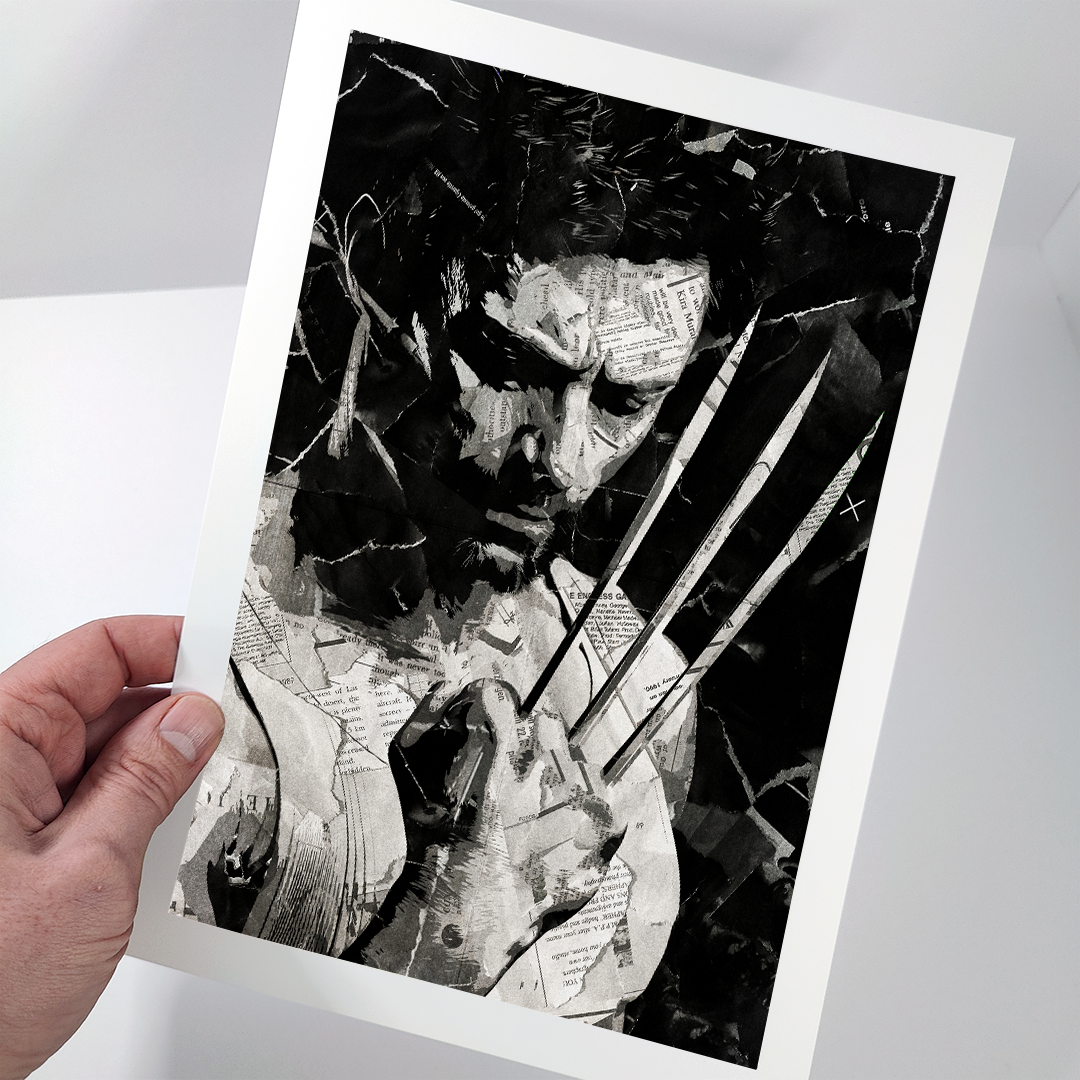 A Wolverine / Logan / Hugh Jackman poster design - a portrait of Wolverine made using a collage of torn pieces of magazine pages in black and white.