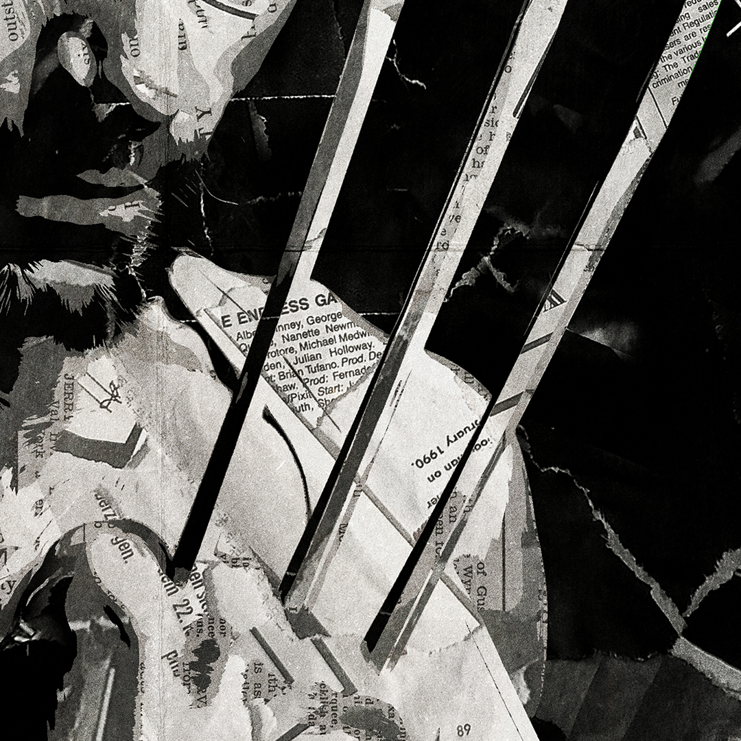 A Wolverine / Logan / Hugh Jackman poster design - a portrait of Wolverine made using a collage of torn pieces of magazine pages in black and white.