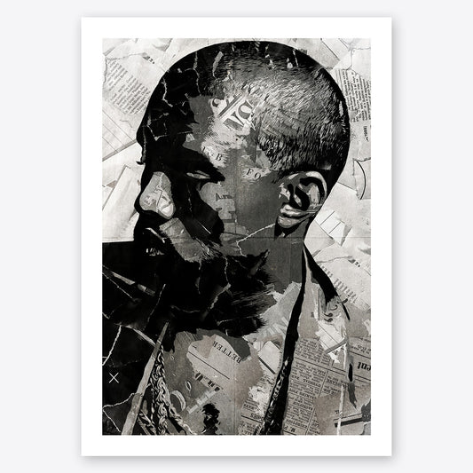 A digital collage portrait of Kanye West created using ripped up magazines and newspaper. An archival standard quality print from The Building House.