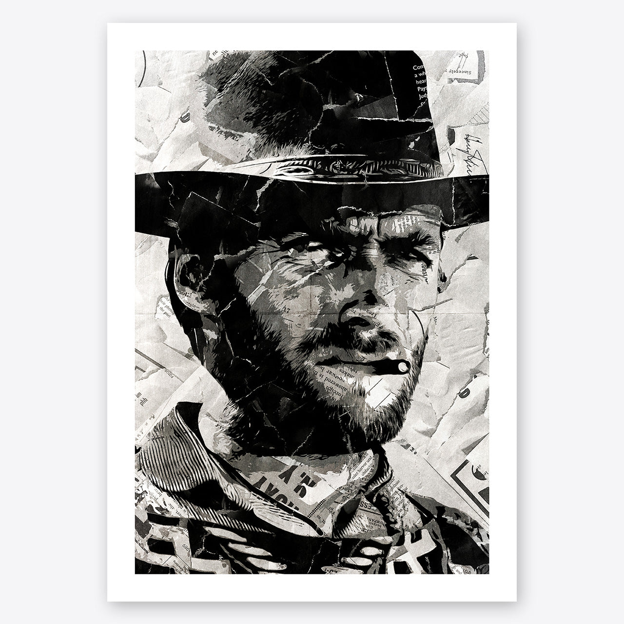 A digital collage portrait of Clint Eastwood as The Man With No Name from the movie The Good, The Bad and The Ugly created using ripped up magazines and newspaper. An archival standard quality print from The Building House.