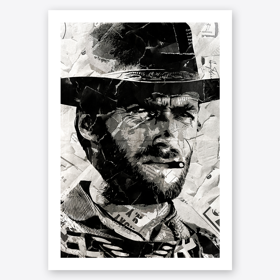 A Clint Eastwood poster design - a portrait of Clint made using a collage of torn pieces of magazine pages in black and white.