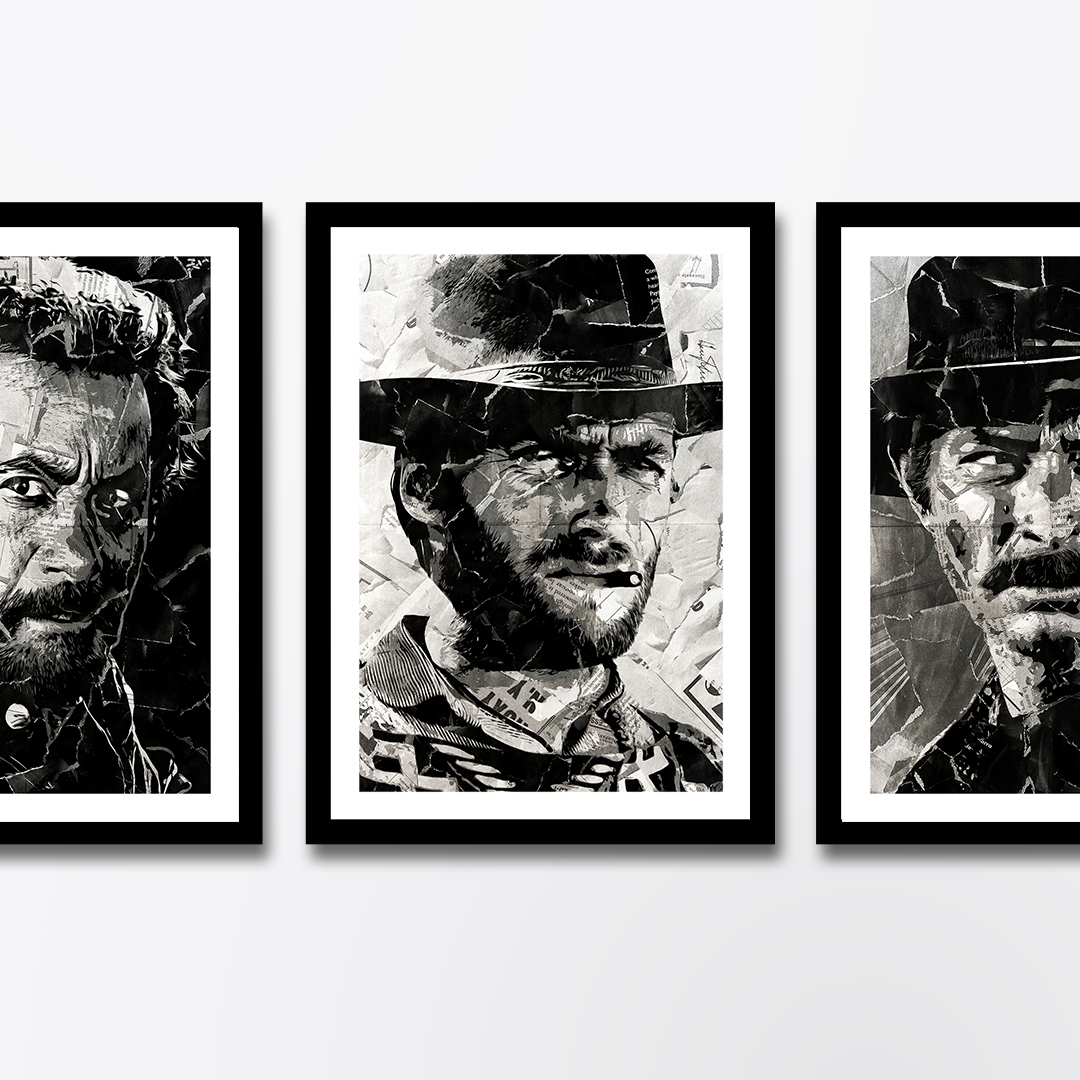 A Clint Eastwood poster design - a portrait of Clint made using a collage of torn pieces of magazine pages in black and white.