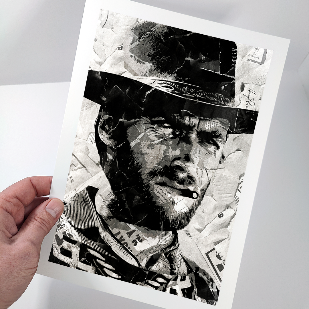 A Clint Eastwood poster design - a portrait of Clint made using a collage of torn pieces of magazine pages in black and white.
