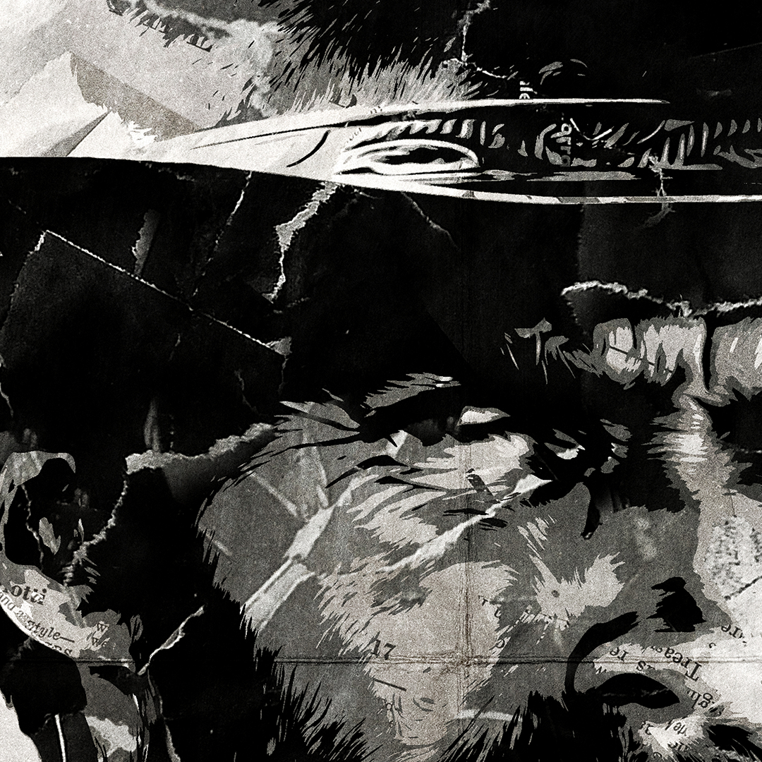 A Clint Eastwood poster design - a portrait of Clint made using a collage of torn pieces of magazine pages in black and white.