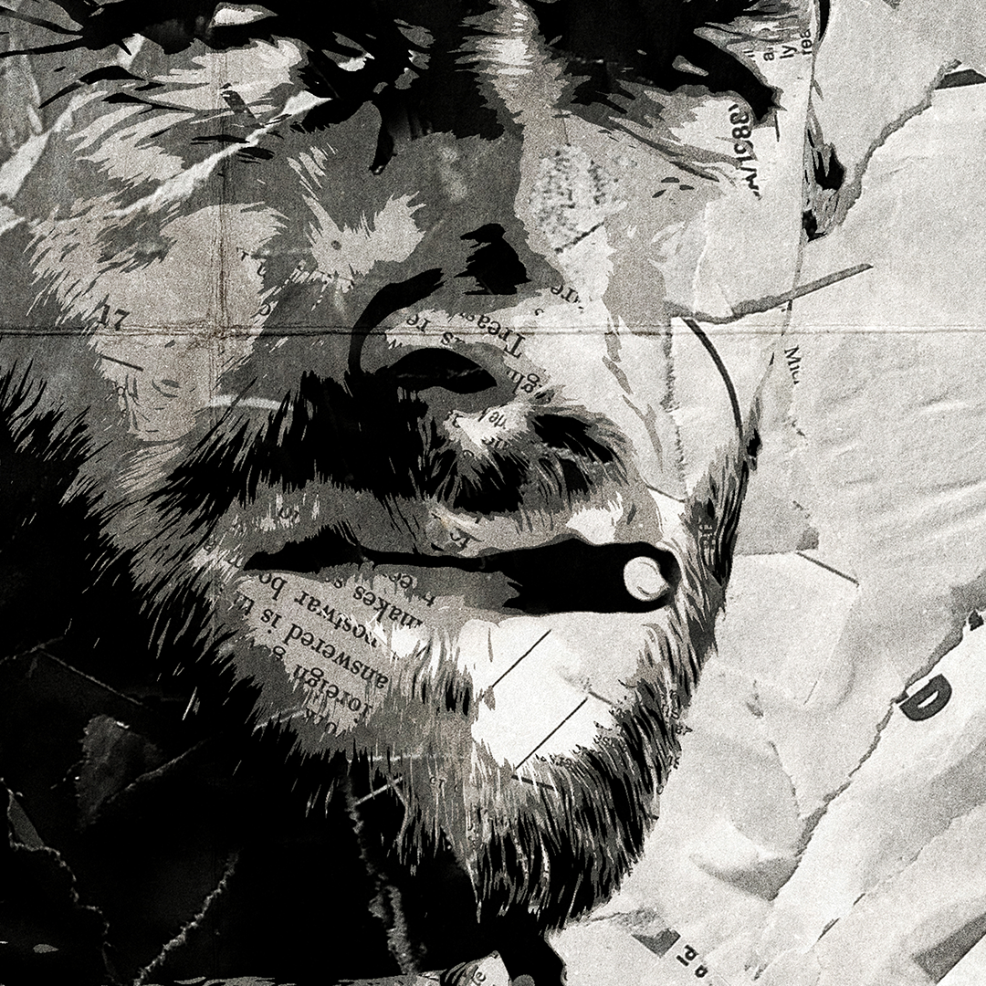 A Clint Eastwood poster design - a portrait of Clint made using a collage of torn pieces of magazine pages in black and white.
